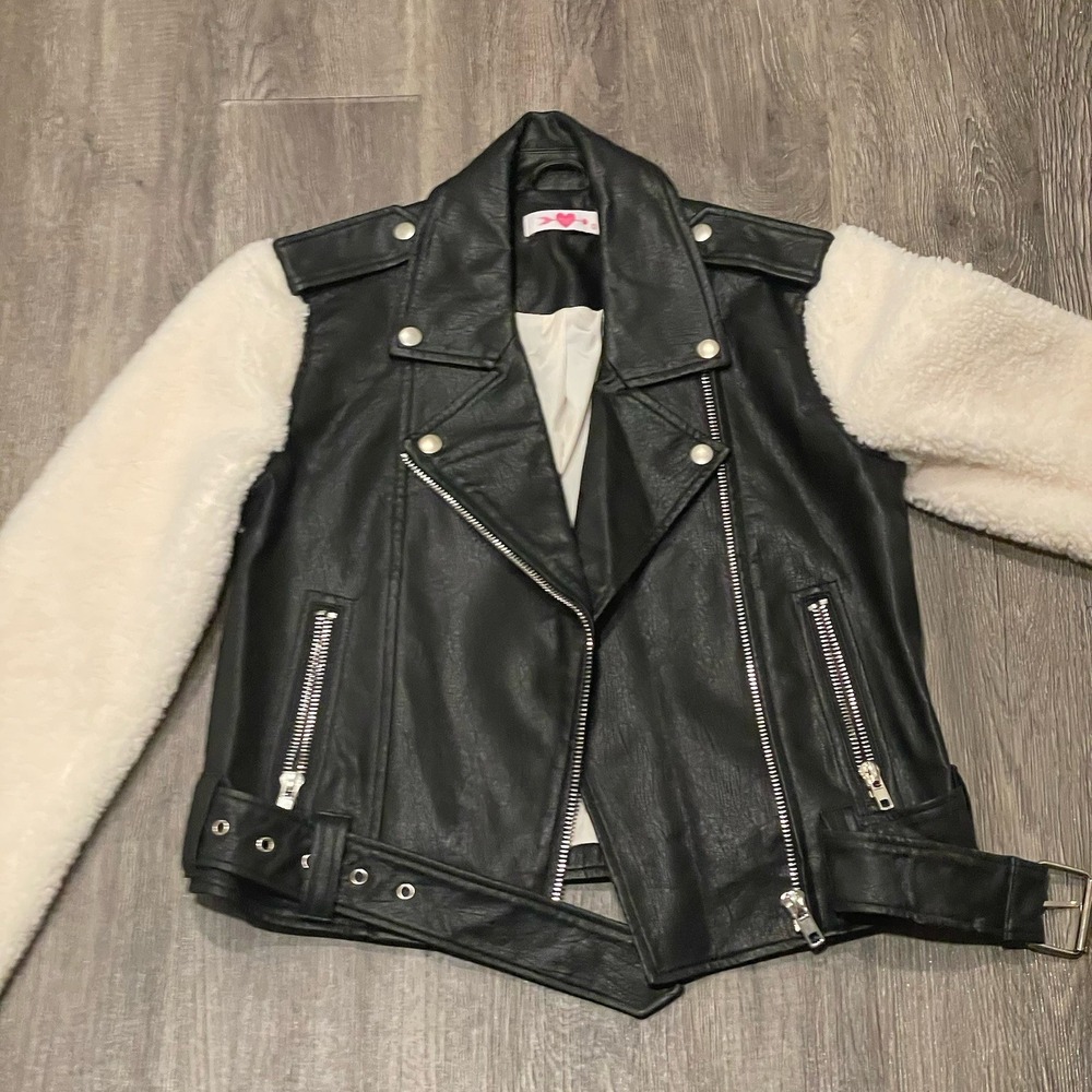 Buddylove Quinn Vegan Faux Leather Jacket Black Sherpa Sleeves Size Small Moto - Picture 7 of 9